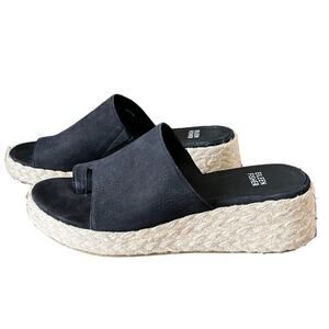 Eileen Fisher Espadrilles Size 9 Black Wedges Sandals Slides Suede Jute Coastal